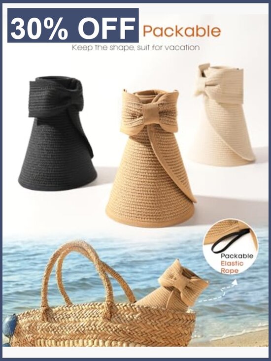 UPF 80+ Sun Visor Straw Hat for Women, Packable Beach Hat with Ponytail Hole main image 4